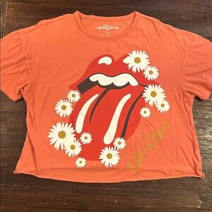 The Rolling Stones Cropped Coral Tee with Daisy Graphic